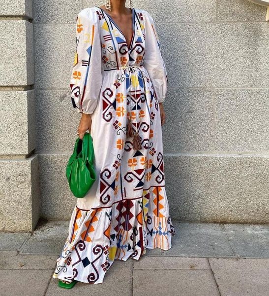 

casual dresses v neck lace-up tassel beach party dress women printed ruffle long elegant lantern sleeve maxi fashion vintage, Black;gray