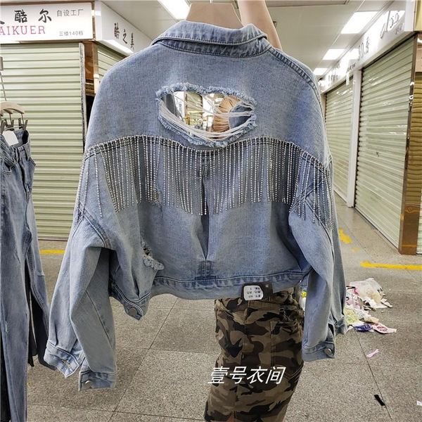 

women's jackets rhinestone tassled hole denim coat outwear 2021 spring summer loose plus size short jeans jacket girls students, Black;brown