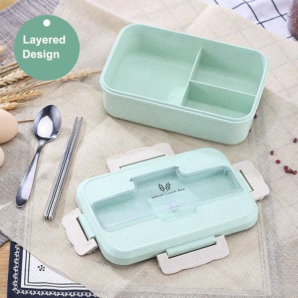 

dinnerware sets straw wheat lunch bento box healthy material student microwave storage container portable lunchbox with spoons