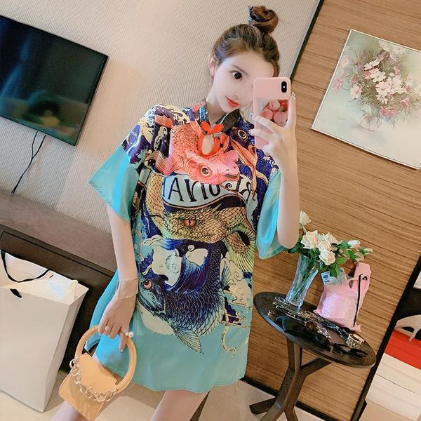 

ethnic clothing shooting of 2021 women's summer color painting and printing girl's improved cheongsam young short skirt loose dres, Red
