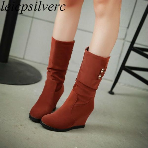 

women boots autumn winter warm flock 2021 fashion mid-calf snow black red brown green high-heeled shoes