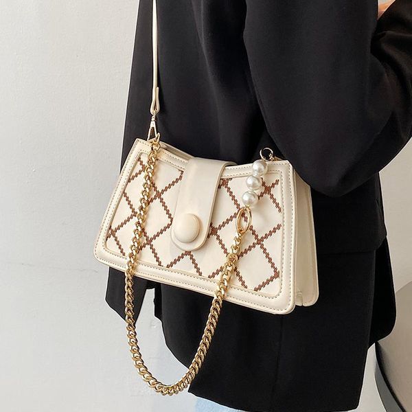 

evening bags women's crossbody bag square rhomboid pattern pealr metal chain leather shoulder handbags wholesale retro fashion female