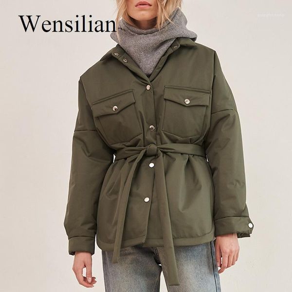 

women's down & parkas autumn winter women fashion waist tie belt jacket coats female elegant turn collar outerwear ladies cotton jacket, Black
