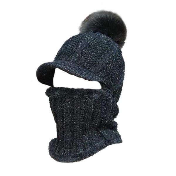 

warm neck knit hat fur pompoms mask winter for girl wool knitted female caps bonnet outdoor hats, Black;white