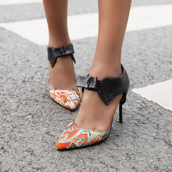 

patchwork stiletto sandals with pointy bow designs for summer club high-heel party shoes 9cm, Black
