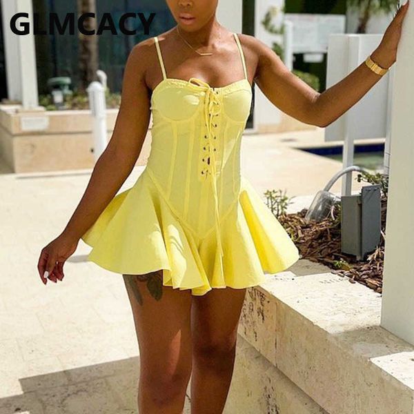 

spaghetti strap lace up front skater dress casual solid party mini dress 210702, Black;gray