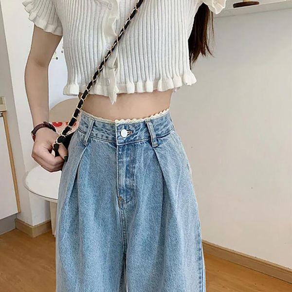 

summer lace side wide leg jeans women's loose high waist daddy's straight snow washed denim pants pleated, Blue
