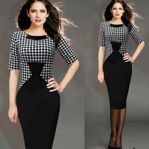 

women elegant slim dress summer houndstooth patchwork ol work office vintage evening party bodycon penicl 210520, Black;gray