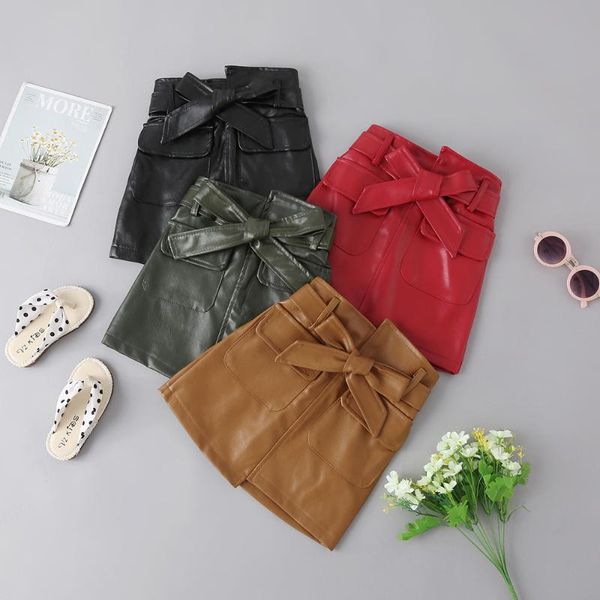 

skirts pudcoco kids a-line skirt pu leather toddler solid color high waist midi with pockets belt for fall winter, Blue