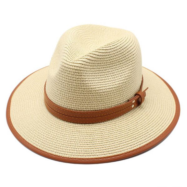 

straw hats women men solid belt khaki white black summer hats outdoor sun protection big brim jazz caps beach casual women hats, Blue;gray