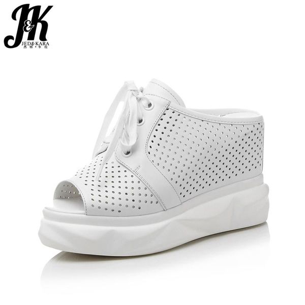 

slippers jk summer women peep toe lace up wedges slides cow leather platform footwear fashion elevator casual ladies mules shoes, Black