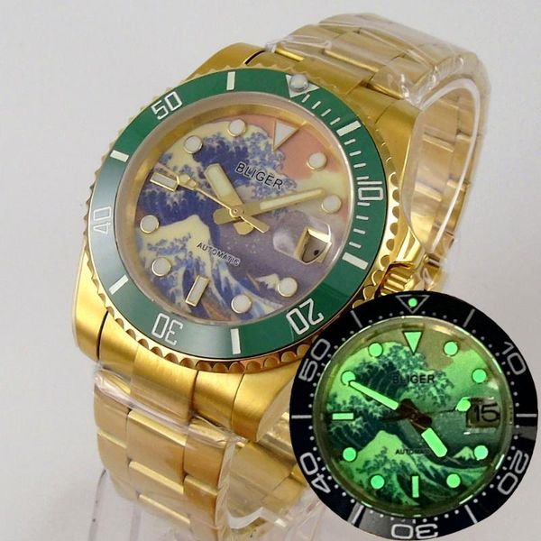

luxury 24 jewels nh35 automatic men watch clock gold plated calendar oyster bracelet rotating bezel luminous marks wristwatches, Slivery;brown
