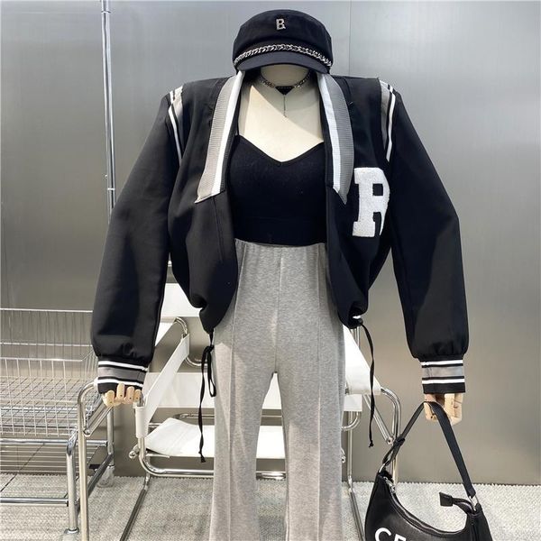 

women's jackets 2021 personalized plush letter contrast knit collar jacket cool fashion casual hem drawstring loose baseball coat, Black;brown