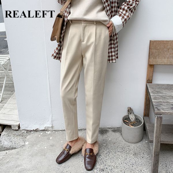 

autumn winter thicken woolen formal women's harem pants elastic waist casual ankle-length female trousers 210428, Black;white
