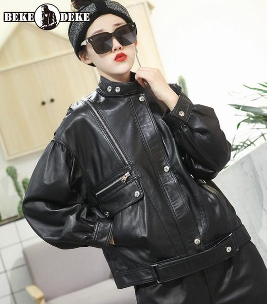 

women's leather & faux sheepskin motorcycle jacket women autumn winter stand collar female coat streetwear safari style luxury, Black