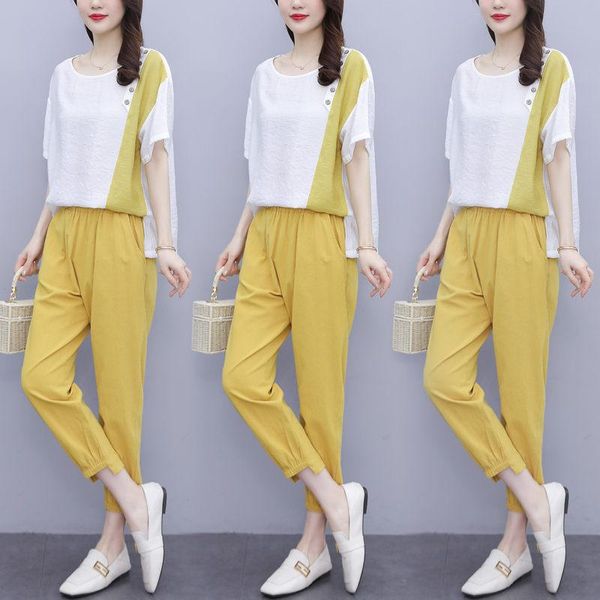 

plus size tracksuits 2 piece set womens cotton linen outfits splice short sleeve o-neck +loose harem pants 2021 summer casual two aq703, Black