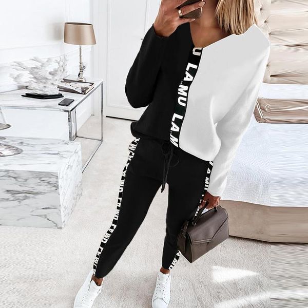 

women's two piece pants patchwork 2 sets soft sportswear casual v neck female long sleeve sweatshirt full spring summer suits, White
