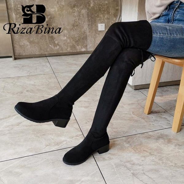 

boots rizabina thigh high women brand comfort stretch shoes casual lace up soft suede flats booties mujer size 34-43, Black