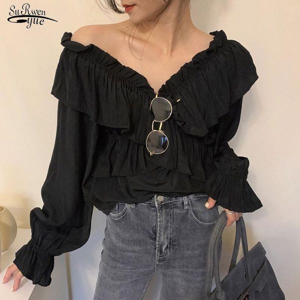 

women's blouses & shirts french ruffle stitching elegant blouse women v-neck 2021 autumn long sleeve chiffon shirt ladies blusas, White