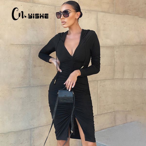 

cnyishe fashion casual hooded drawstring dress women spring bodycon bandage midi ruched dresses female black robes vestidos 210419, Black;gray