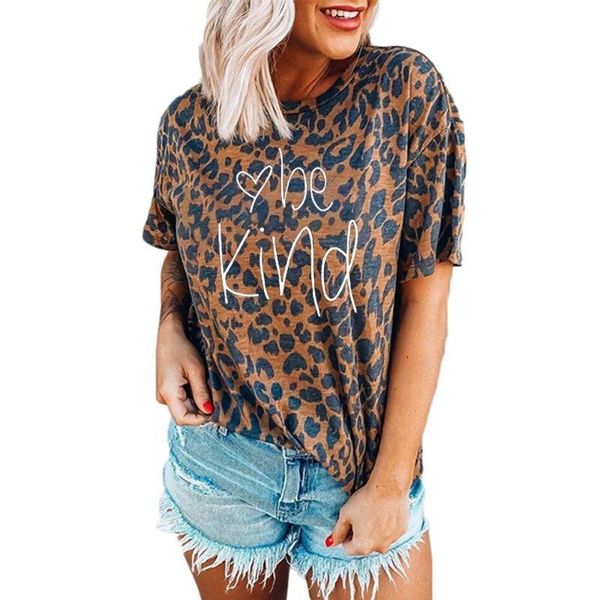 

women's t-shirt selling style be kind leopard print round neck drop shoulder short sleeve ladies harajuku vs7t, White