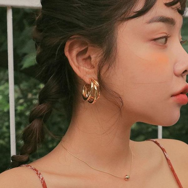 

hoop & huggie vintage stainless steel gold plated chic earrings simple cold wind three-dimensional round wild temperament female, Golden;silver