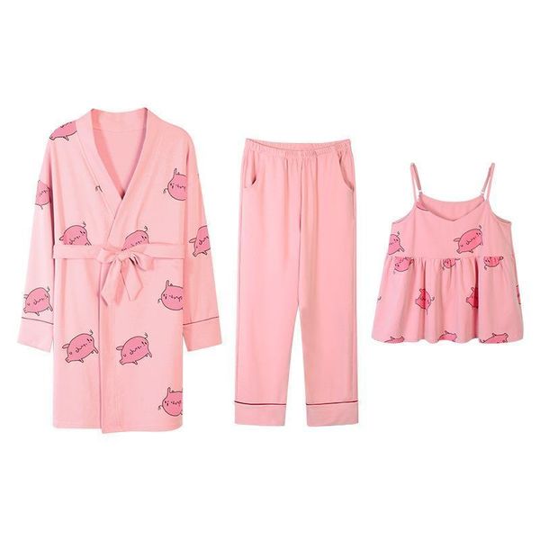 

womens sleepwears cute cartoon pig girl women pajamas sets spring autumn pink 3 pieces homewear v neck cotton casual long, Black;red