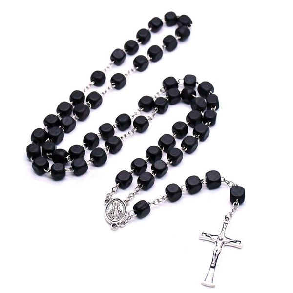 2021 Black Square Wood Christ Rosario Neckalce Vintage Cross Beaks Strand Collana Lungo religioso Pray Pray Jewelry Nuovo