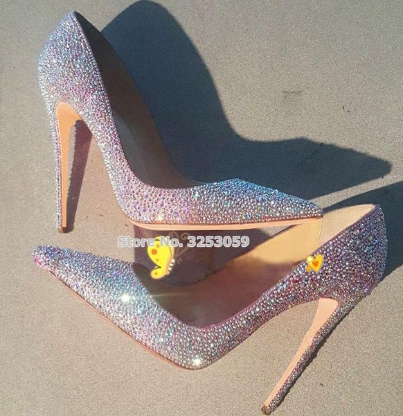 

bling crsytal high heel pumps silver red glittering wedding shoes pointed toe shallow rhinestone party dress, Black