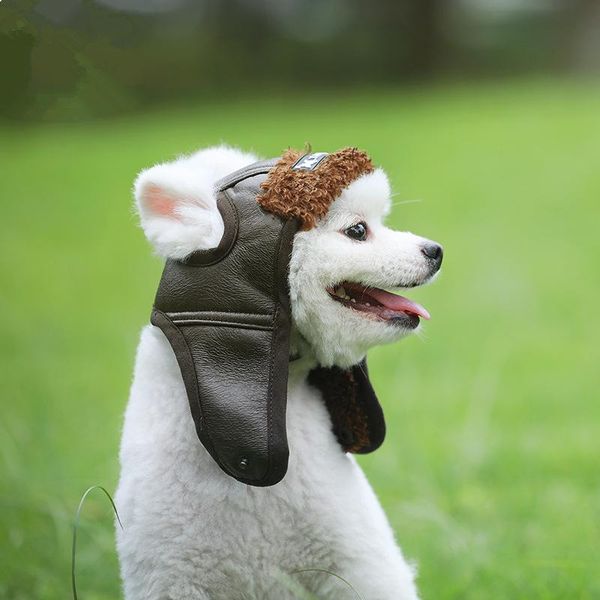 

dog apparel european american retro fashion warm pet pu leather pilot hat for
