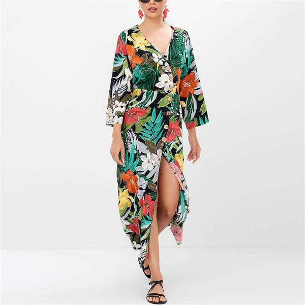 

summer long dress women casual floral print button lace up split boho deep v-neck beach party sundress vestidos femme 210526, Black;gray