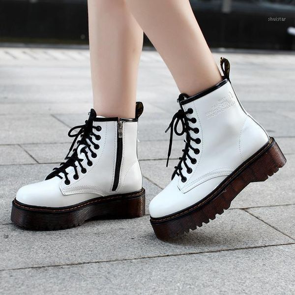 

boots botas women motorcycle ankle wedges female lace up platforms autumn winter leather oxford shoes woman high heels1, Black
