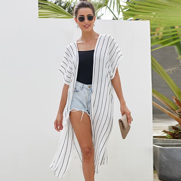 

women's swimwear shiying blouse spring summer 2021 small fresh stripe beach sunscreen long short sleeve cardigan 85288, White;black