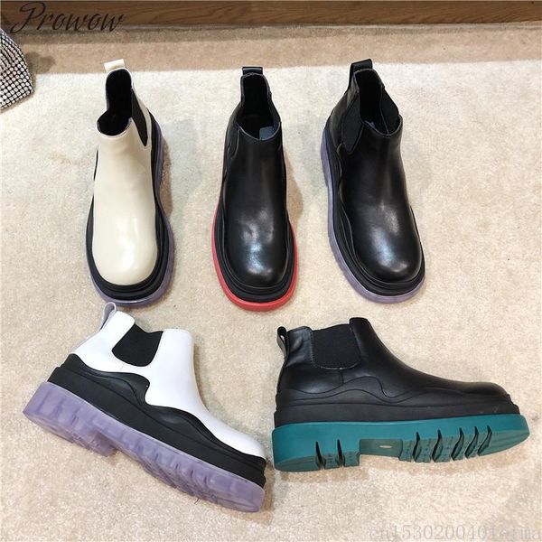 

boots shoes women short clear thick sole round toe genuine leather slip-on ankle combat 2021 autumn fashion, Black