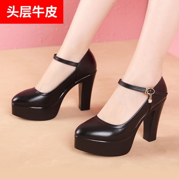 

luxury dress shoes cheongsam catwalk high women's leather heels thick soled waterproof platform profsional word buckle large work sho w, Black
