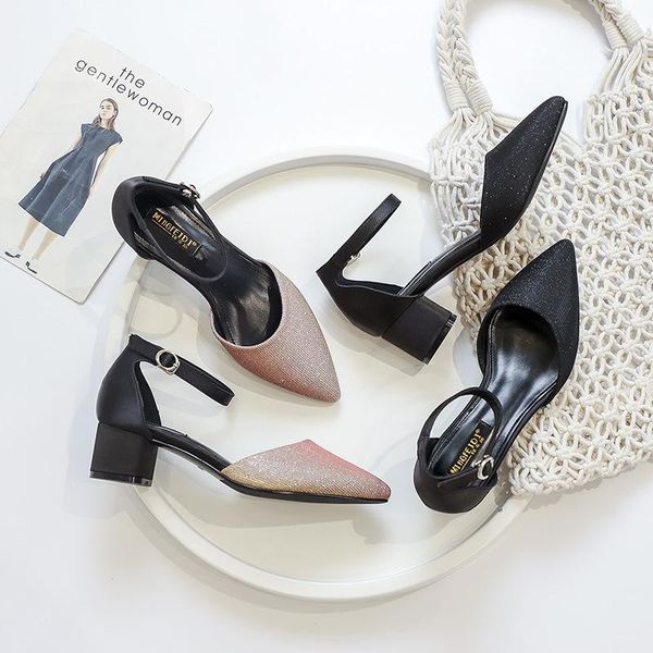 

close toe 2021 sandals women korean bling shallow cover heel chunky sandales fresh buckle med-high single shoes summer, Black
