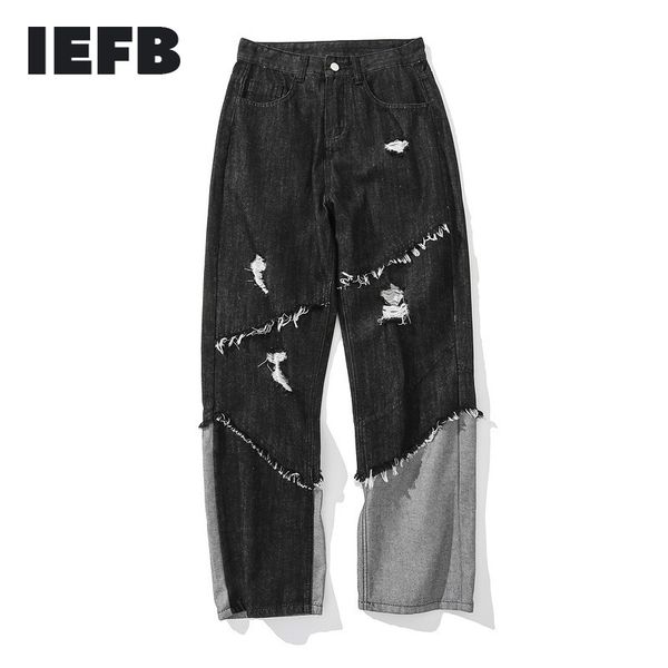

iefb spring burr hole jeans men's and women's high street loose splicing wide leg daddy pants hip hop denim trousers 210524, Blue