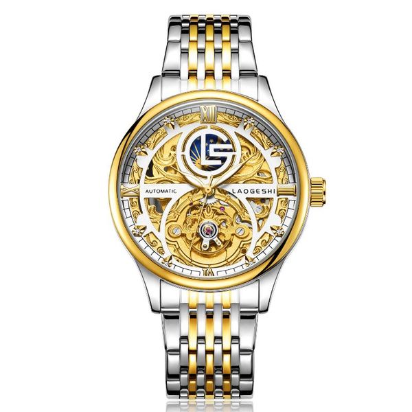 

wristwatches laogeshi skeleton design men's mechanical watch for men automatic watches stainless steel male clock montre homme, Slivery;brown