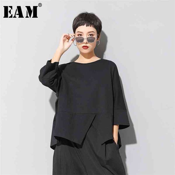 

[eam] women black irregular split joint big size t-shirt new round neck three-quarter sleeve fashion spring summer 1u321 210330, White