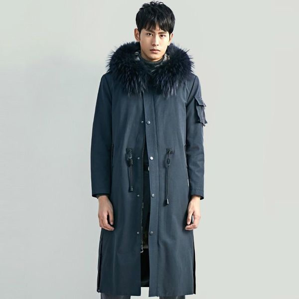 

men's leather & faux real fur coat men mink raccoon collar winter parka mens clothing 2021 casaco yy1155, Black