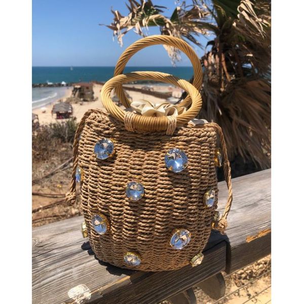 

evening bags handmade rhinestone crystal embellished straw basket bag 2021 small rattan bucket handle lady purses and handbags