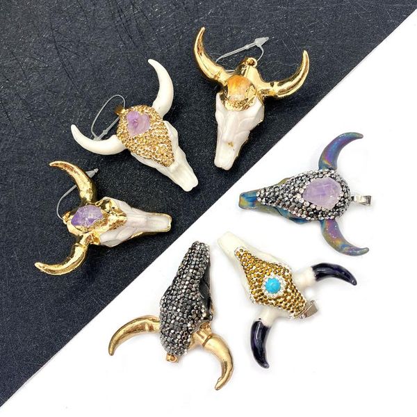 

charms natural stone pendant crystal inlaid acrylic multicolor colorful jewelry bull head shape diy making necklace accessories charm, Bronze;silver