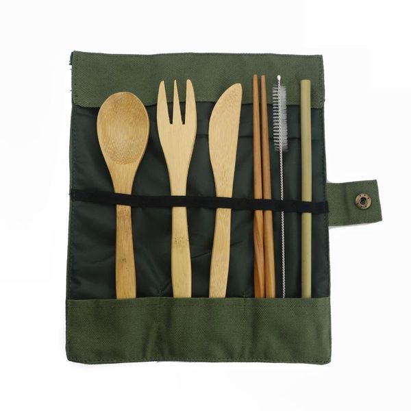 

dinnerware sets 7-piece wooden flatware cutlery set bamboo straw with cloth bag knives forks spoon chopsticks straws drop