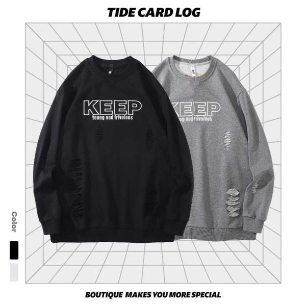 

chaopai autumn winter new products embroidered letters round neck pullover sweater with holes cut off men's and women's bottomed j, Black