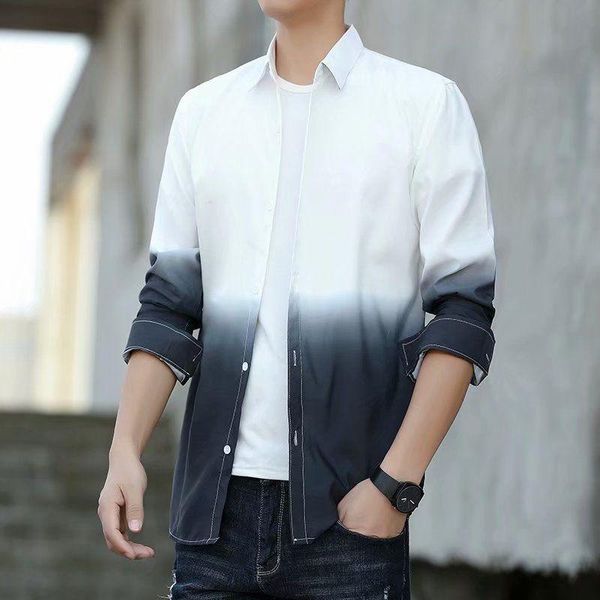 

men's casual shirts short men 2021 white fashion daily spring and autumn patchwork gradient student color matching, White;black