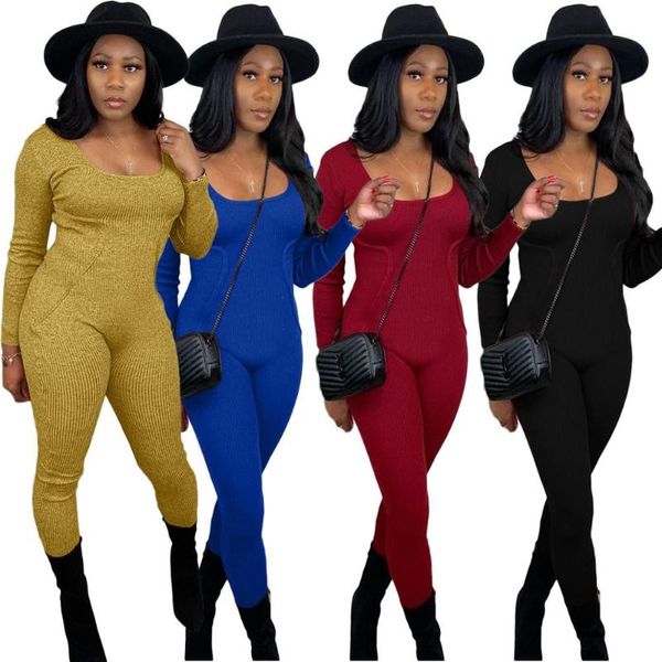 

autumn winter test women solid square collar skinny jumpsuits casual long sleeve ottoman lady sportwaer rompers for 4 colors women's &, Black;white