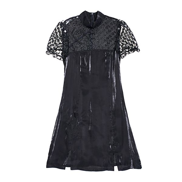 

women black solid net mandarin neck puff sleeve short a line mini dress summer beach female chinese style d1964 210514, Black;gray