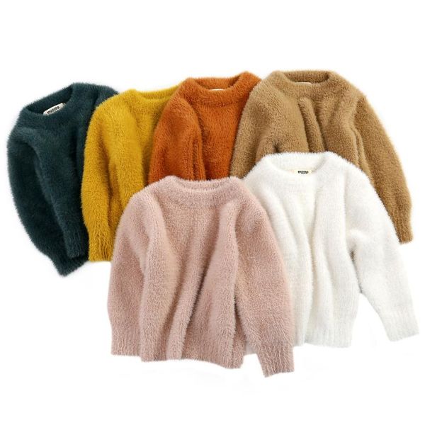 

0-5years korea style kids baby girl knitted sweater imitation mink pullover casual solid cotton winter fall outwear, Blue