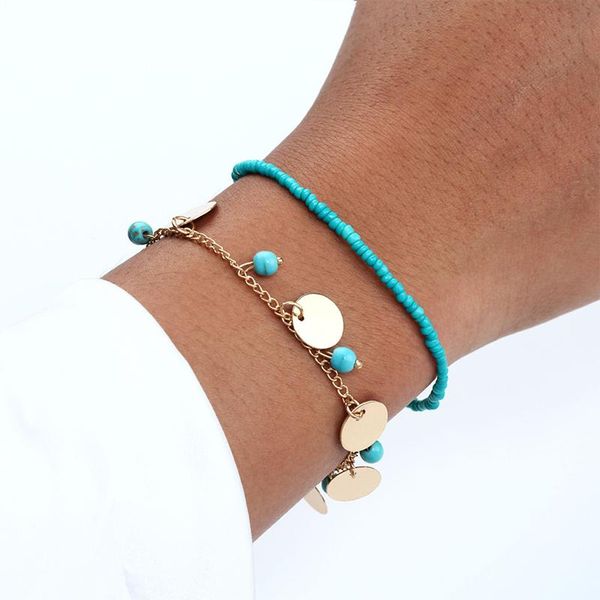 

link, chain bohemian beaded circular tassel pendant bracelet 2-piece natural stone double-layer hand women's jewelry accessories, Black
