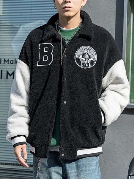 

men letter patch detail drop shoulder teddy jacket x8k5#, Black;brown